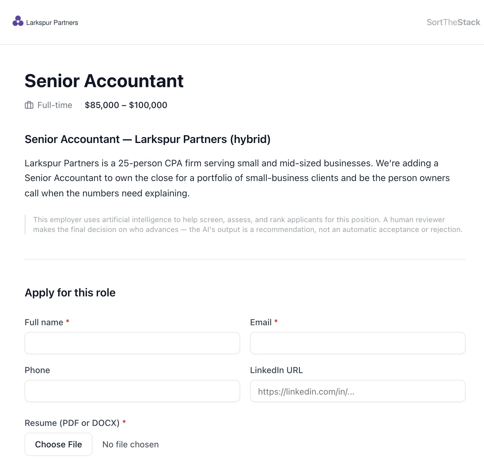 A public job posting branded for Larkspur Partners: the Senior Accountant title, salary range and description, a notice that a human reviewer makes the final decision, and the start of the application form.