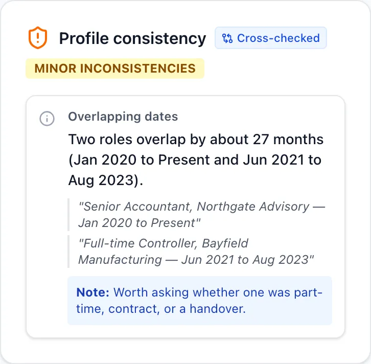 A Profile consistency card marked Cross-checked and Minor inconsistencies. It reports overlapping dates: two roles overlap by about 27 months, quotes both roles from the resume, and notes that it is worth asking whether one was part-time, contract, or a handover.
